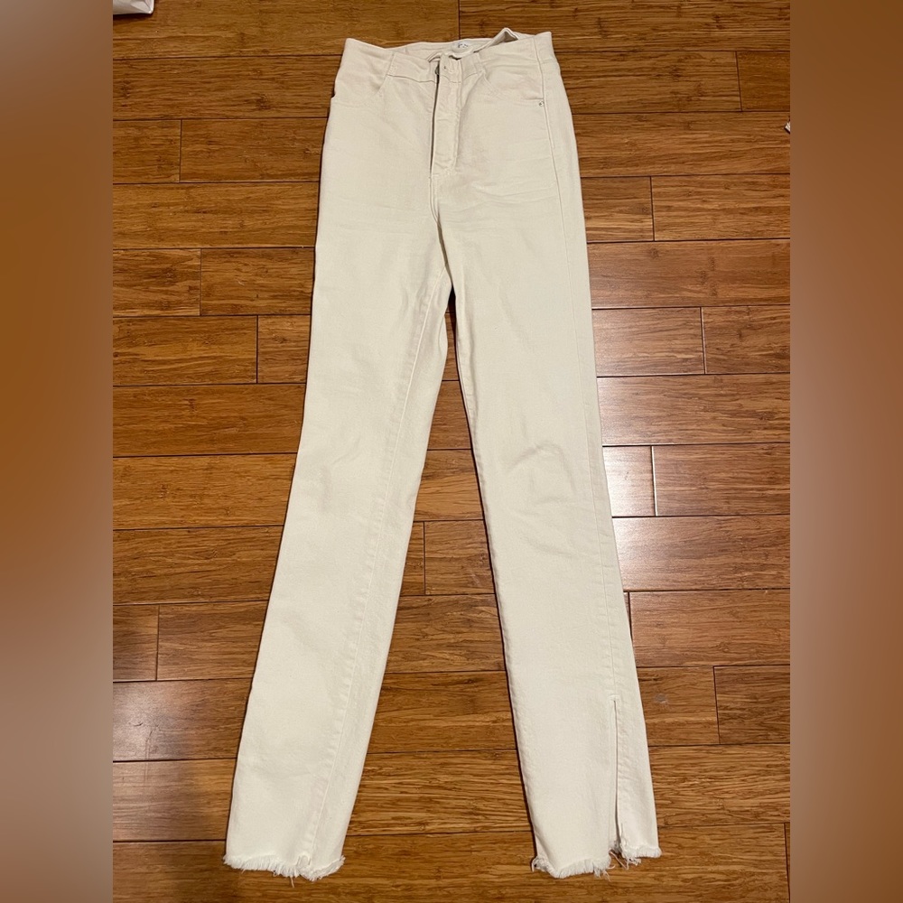 High Waist Split Slim Cream Jeans - Size 34